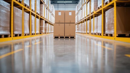 Wide view of a clean warehouse with organized pallets, efficient space management