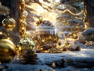 Cozy Winter Scene with Hot Chocolate Mug