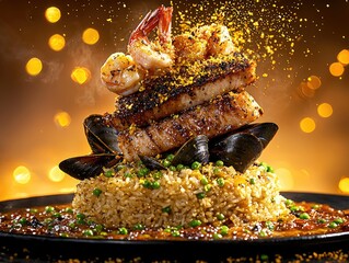 Elegant Seafood Paella with Grilled Delicacies