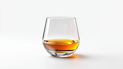 A single neat whiskey glass filled with smooth amber liquid, casting light reflections, set on a sleek surface for a luxurious look.