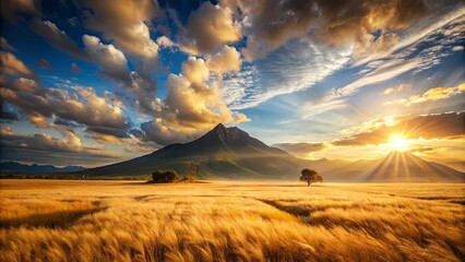 Golden Hour Serenity A Lone Tree Stands Sentinel in a Field of Tall Grass as the Sun Casts its Rays Through the Clouds, Illuminating the Majestic Mountains Beyond