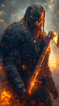 A Viking raider in mid-attack, wielding a battle axe with raw strength.