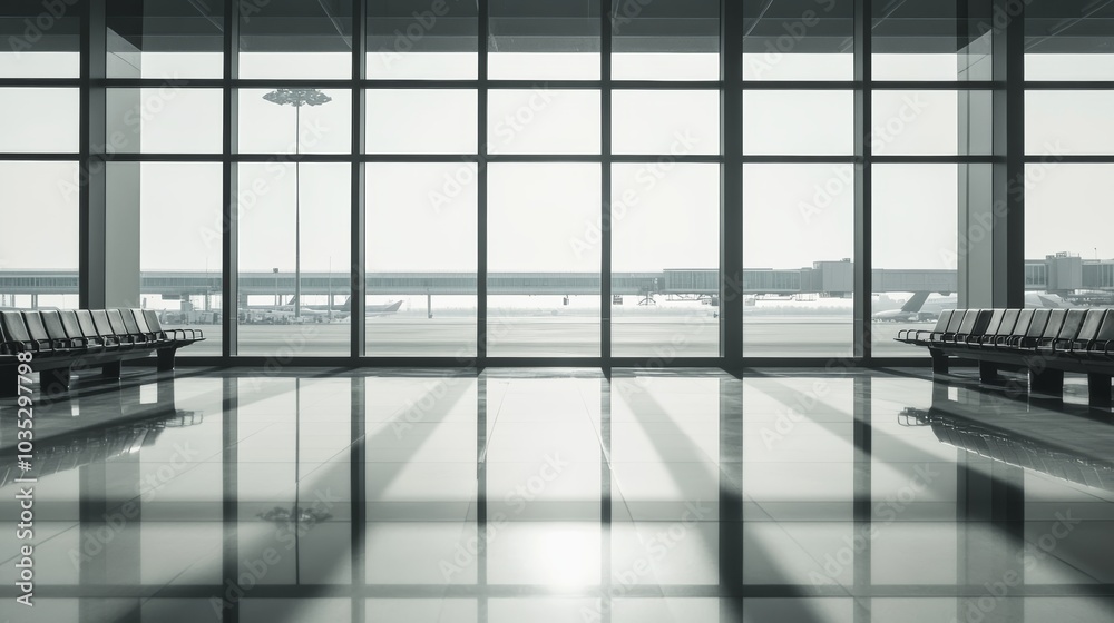 Aufkleber Sunlight is streaming through the windows of an empty airport terminal waiting area overlooking the airfield and planes
