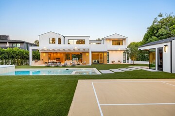 Modern luxury home with pool and tennis court.