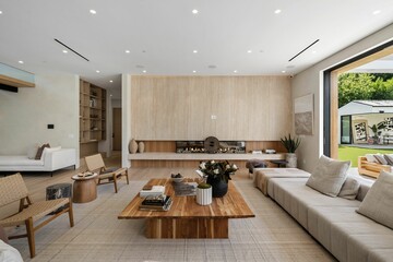 Modern minimalist living room with garden view.