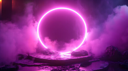 Obraz premium Glowing Neon Circle in Smoke and Rocks - Abstract Futuristic Design