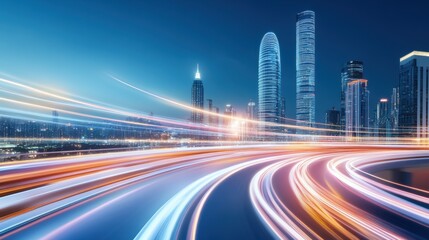 Dynamic Cityscape at Night with Light Trails
