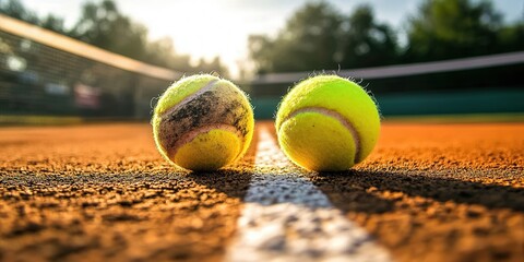 Two tennis balls resting on a clay court under a clear sky, capturing the essence of the game and the feel of pristine sportsmanship.