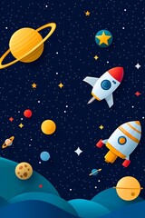 A vibrant illustration featuring rockets, planets, and stars in a dreamy space setting, perfect for imaginative projects and designs.