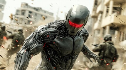 Obraz premium Futuristic Battlefield Where Humans Fight Against AI-Enhanced Humans