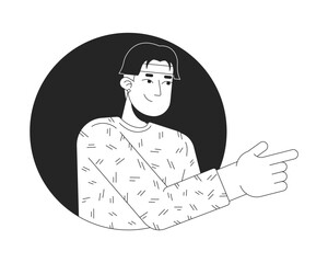 Finger pointing asian man in circle frame black and white 2D line character. Stylish male choosing. Modern korean guy showing direction isolated vector outline person. Monochromatic spot illustration