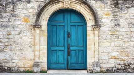 A beautifully weathered blue door stands proudly in a historic stone structure, showcasing the intricate details of its archway and the rich history it represents.