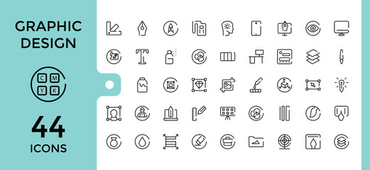 Graphic design line icons set. Related to thin line style of computer graphics related icons collection. tools, development stages, and more. Editable and pixel perfect symbol pack.