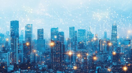 Obraz premium A blend of abstract blue lines and a futuristic cityscape forms a captivating backdrop, perfect for presentations showcasing technological innovation and urban development.