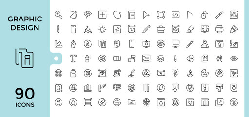 Graphic design line icons set. Related to thin line style of computer graphics related icons collection. tools, development stages, and more. Editable and pixel perfect symbol pack.