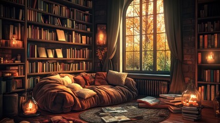 Cozy Library Nook with Bookshelves, Candles, and Autumn View