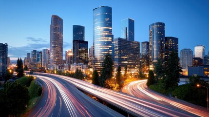 Fototapeta premium Dynamic Cityscape at Night with Illuminated Buildings