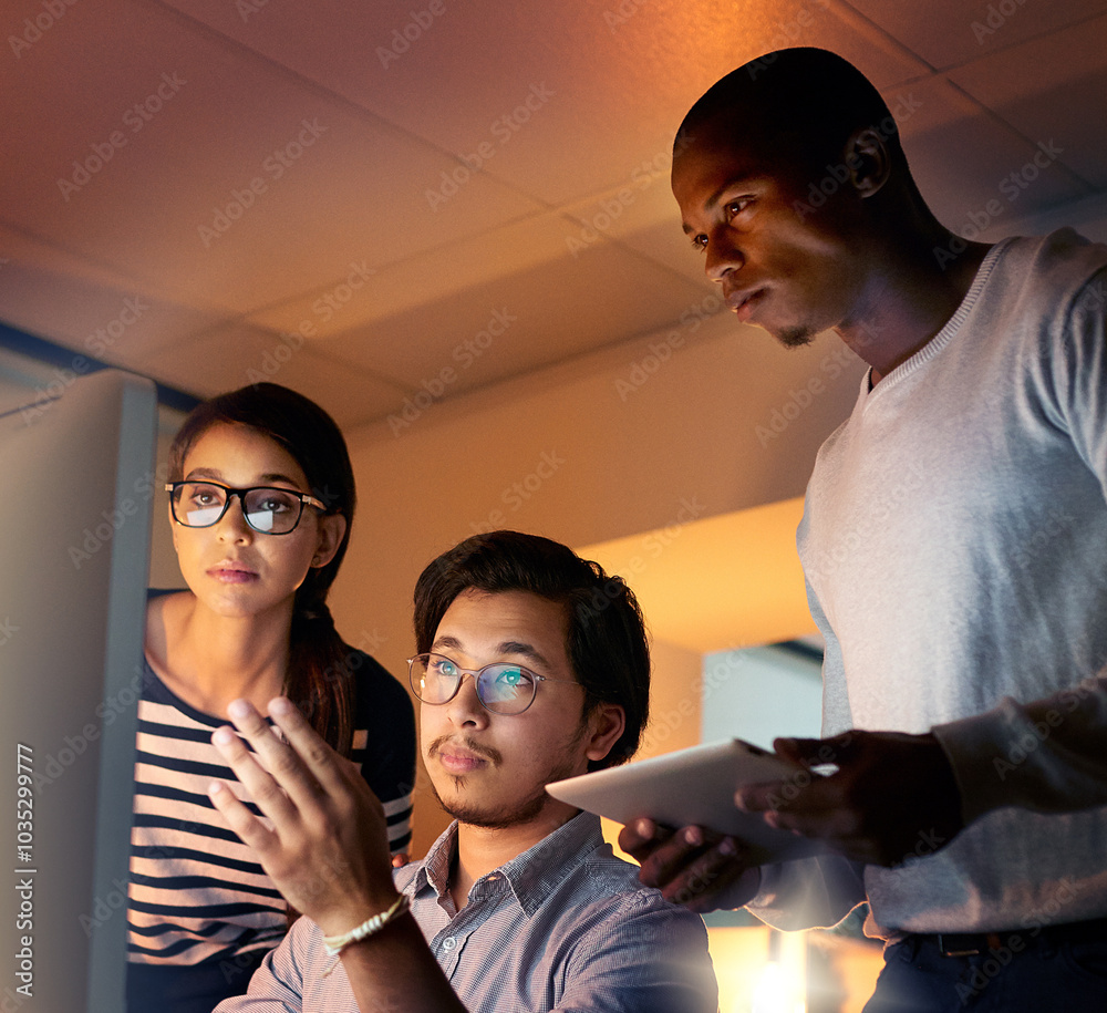 Poster Programmer, office and computer work at night with staff and database developer team with software development. Planning, conversation and cybersecurity update with it people and web coding strategy