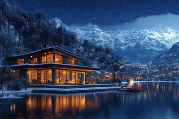 Fototapeta premium Luxury modern lake house with glowing interior lights reflecting on water, surrounded by misty mountains at dusk, peaceful atmosphere, Ai Generation