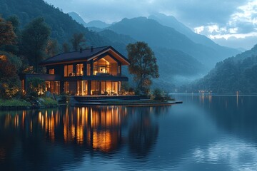 Fototapeta premium Luxury modern lake house with glowing interior lights reflecting on water, surrounded by misty mountains at dusk, peaceful atmosphere, Ai Generation