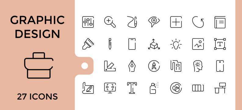 Graphic design line icons set. Related to thin line style of computer graphics related icons collection. tools, development stages, and more. Editable and pixel perfect symbol pack.
