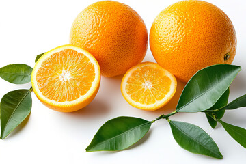 Fototapeta premium Fresh oranges displayed with vibrant green leaves on a light background for a nutritional and colorful composition. Generative AI