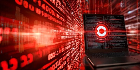 Obraz premium Laptop with an Arrow Hitting a Target on the Screen Against a Blue Background