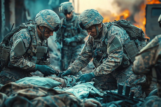 Soldiers provide medical assistance during a nighttime combat rescue