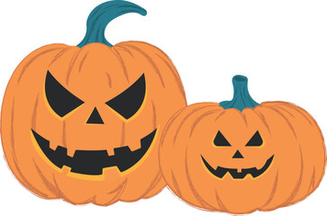Illustration of Two Pumpkin for Halloween with Spooky Faces in Flat Style on White Background. Vector