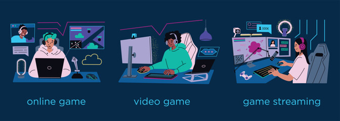 Vector illustration set of online gaming, video gaming, and game streaming scenes. Flat, cartoon style, gamers with headphones, monitors, and digital setups. Perfect for esports and gaming themes