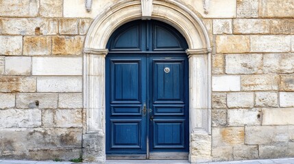A charming, weathered blue door with a classic archway sits closed in a historic stone building, embodying the character and beauty of aged architecture and timeless elegance