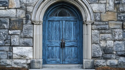 A charming, weathered blue door with a classic archway sits closed in a historic stone building, embodying the character and beauty of aged architecture and timeless elegance