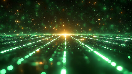 Naklejka premium Abstract Green Lights and Glowing Lines Create a Futuristic Landscape