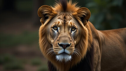 Fototapeta premium A beautiful big lion in the wild. Banner.