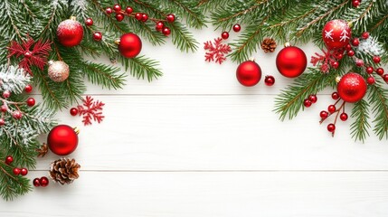 Obraz premium A festive Christmas display with red ornaments and pine branches on a snowy white wooden tabletop in a cozy winter setting