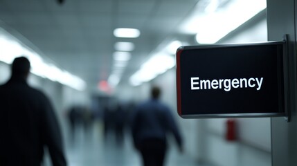 Blurred People Walking in Hospital Corridor, Emergency Room Entrance with Illuminated Sign