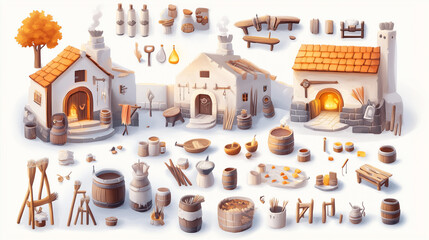A collection of cute cartoon buildings and assets for game design.