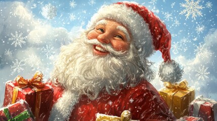 A cute Christmas-themed illustration of a smiling Santa Claus surrounded by cheerful snowflakes and presents, providing plenty of copy space for personalized holiday greetings.
