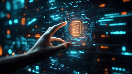 Artificial intelligence (AI) with machine deep learning and data mining and another modern computer technologies UI by hand touching CPU icon. 