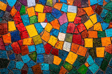 Colorful mosaic tiles creating an abstract pattern in daylight