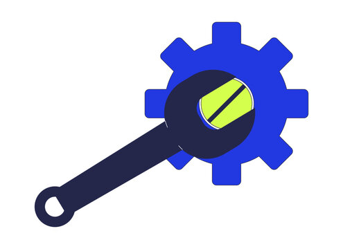 recommend clip art: Wrench unscrewing screw on gear 2D cartoon object. Spanner turning cogwheel. Workshop maintenance. Work tool with cog wheel isolated element flat vector clipart on white background. Spot illustration