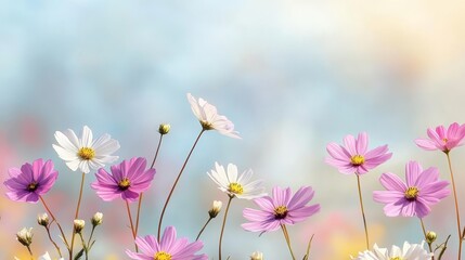 Beautiful Delicate Pink, White Cosmos Flowers Blooming in Garden. Nature Floral Background