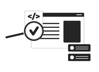 Assessing programming code with loupe black and white 2D line object. Coding program magnifier. Computer window magnifying glass isolated clip art vector outline item. Monochromatic spot illustration