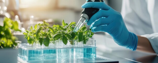 Innovative lab where AI and scientists collaborate on experiments, developing sustainable solutions with advanced, eco-conscious technology