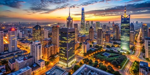 Naklejka premium Aerial View of Shanghai Skyline at Sunset with Skyscrapers and Urban Lights, cityscape, urban photography