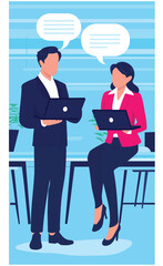 Two people are working - Team of casual business man and woman working on computer and talking together. Flat design vector illustration with white background