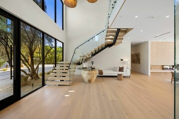 Modern interior with open staircase and large windows
