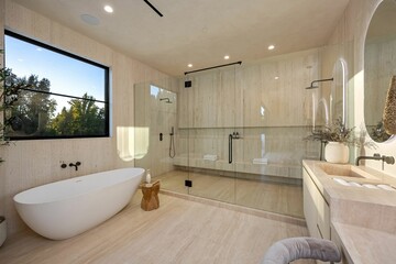 Modern bathroom with freestanding tub and glass shower.