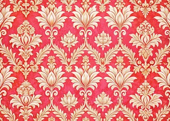 Bold Pink Floral Damask Pattern on Bright Orange Background for Seamless Design