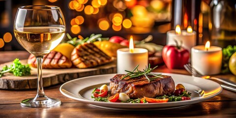 Candlelit Steak Dinner with Wine, Romance, Fine Dining ,candlelight, steak, wine